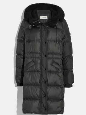 Coach Women's Black Long Puffer Coat with Hood
